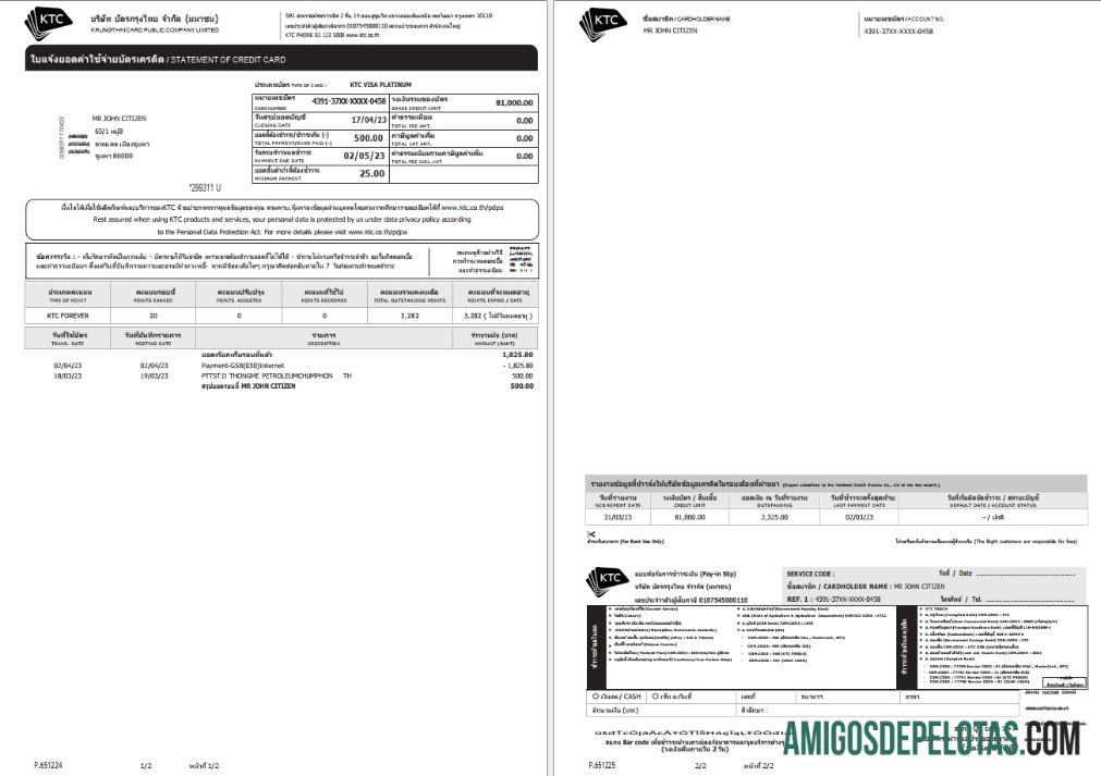 Extrato de cartão de crédito PCL do cartão Krungthai da Tailândia, modelo Scr de 2 páginas